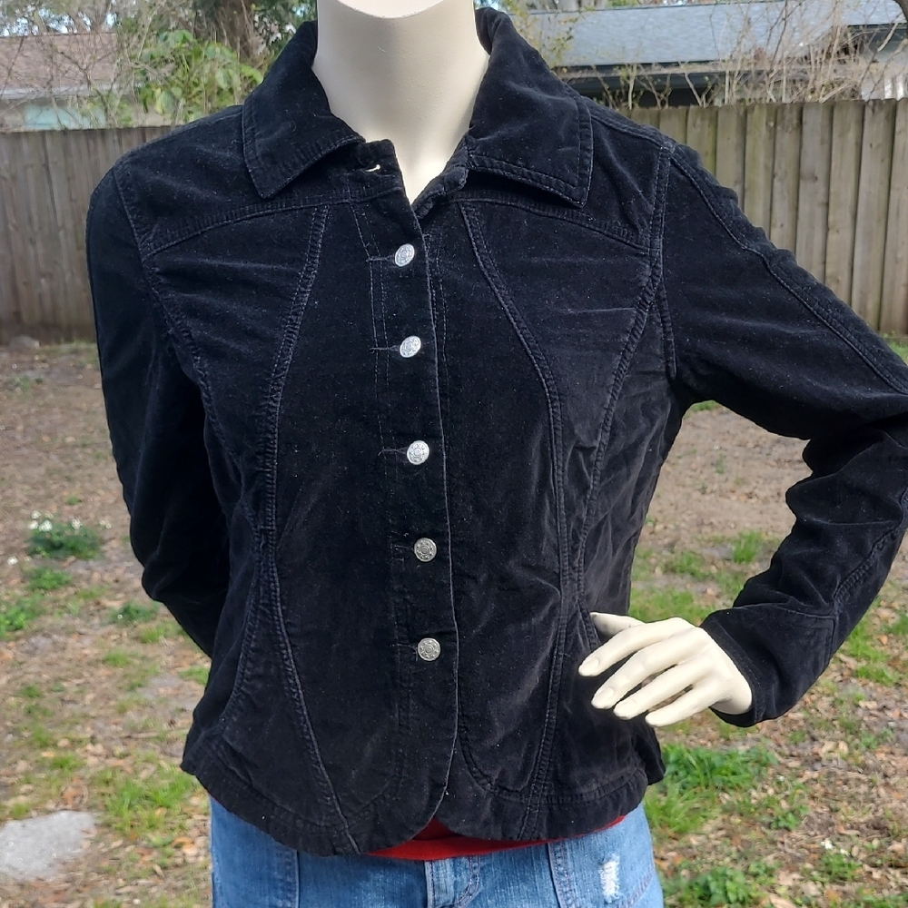 [EUC] Live a Little 🖤 VTG Black Velveteen Jacket w/ Pockets, Sz Medium, 90s-Y2K